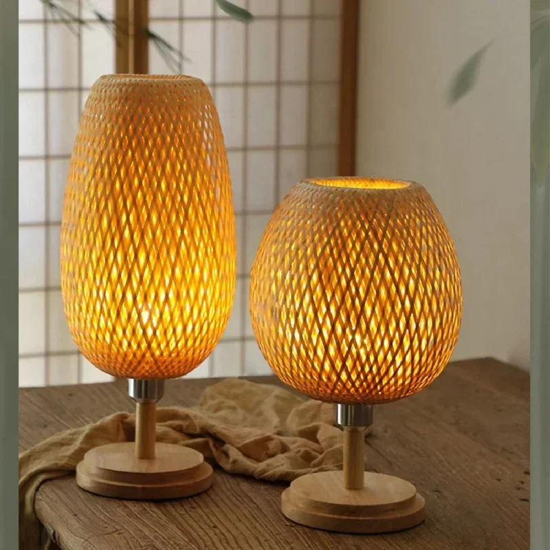 Chinese Stijl Handgemaakte Moderne Nieuwe Bamboe Rotan Creatieve Handgemaakte Bamboe Rieten Rotan Schaduw Tafel Licht Kamer Bar Leven Bed