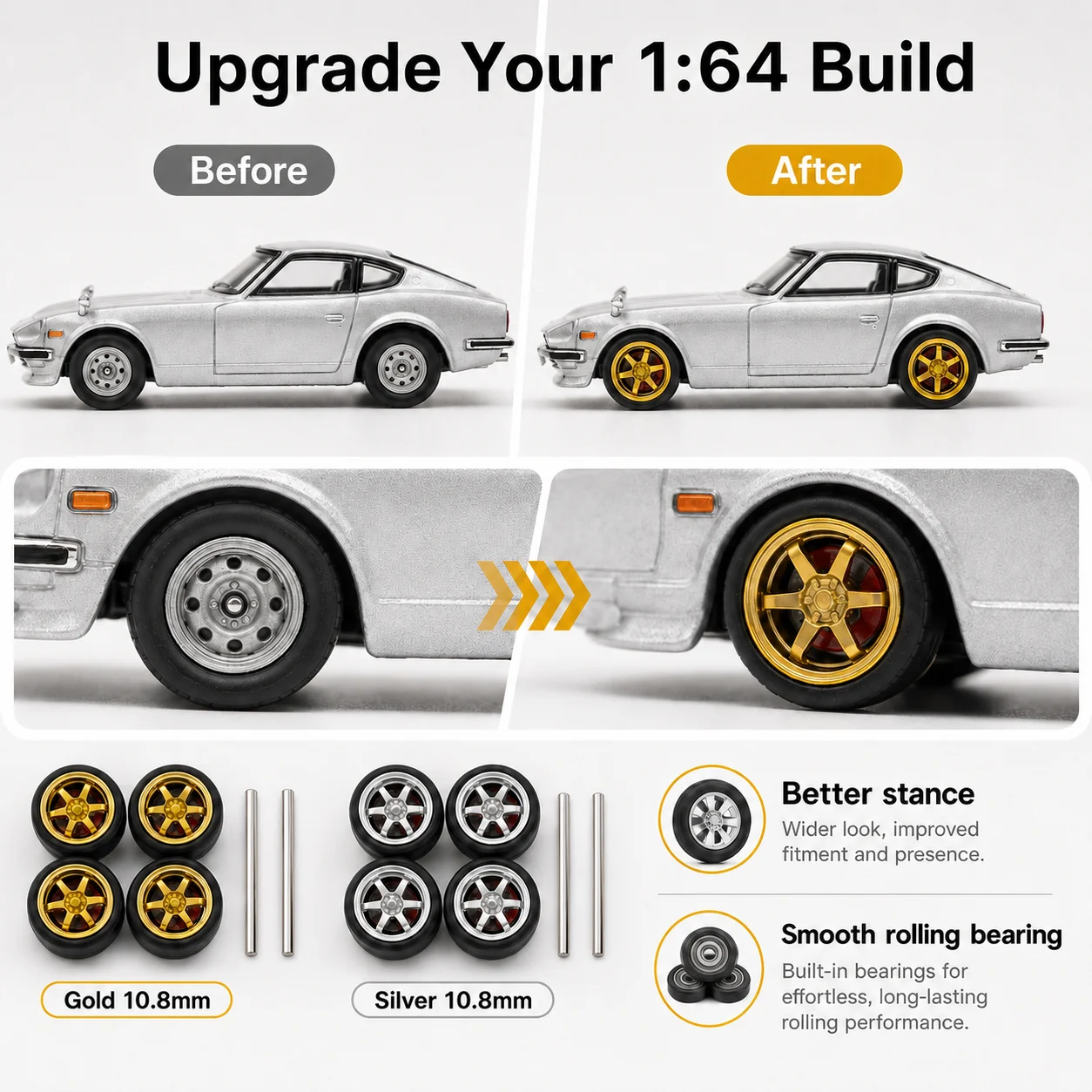 X-Scale 1/64 Rubber Tires, Removable Dynamic Bearing Wheels with Brake Discs, Accessories for 1:64 Alloy Car Scene Display
