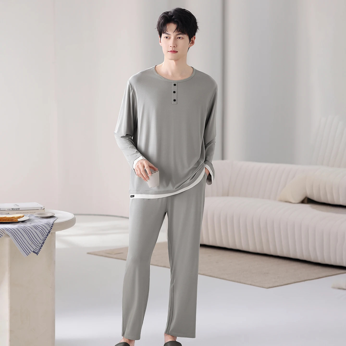 Round Neck Pijamas for Men 2 Piece/set Lounge Sleepwear Solid Pyjamas Autumn Bedgown Home Clothes Man PJs Soft Modal Pajamas Set