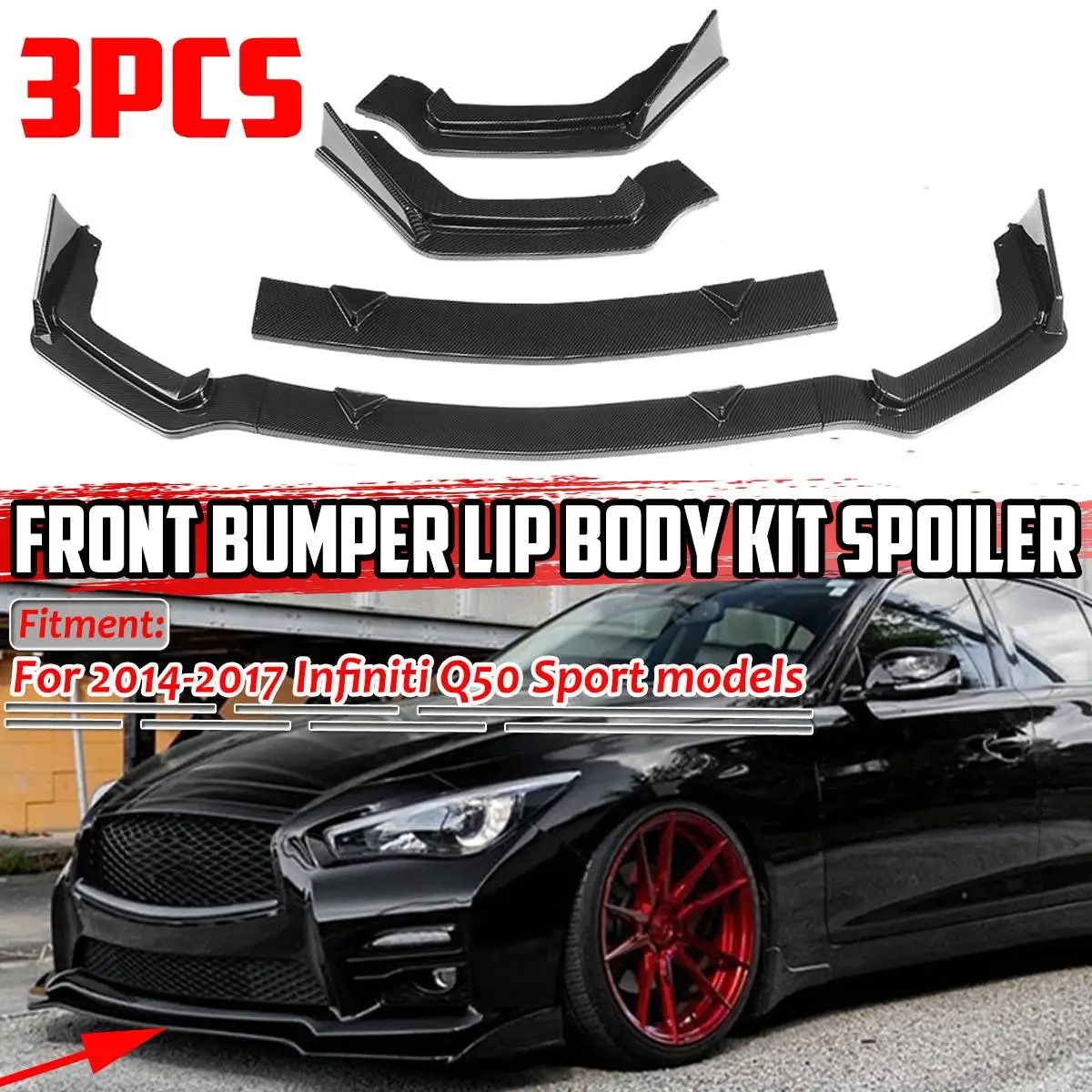 Schwarz/Carbonfaser-Optik Auto Frontstoßstangen-Splitter Lippen-Diffusor Bodykit Spoiler Schutz für Infiniti Q50 Sport 2014 2015 2016 2017