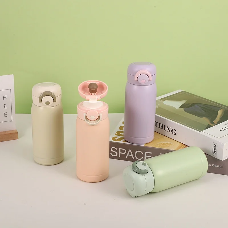 Mini taza de agua con aislamiento térmico de acero inoxidable de color sólido de alto valor, tapa abierta con un solo clic y termo para beber directamente