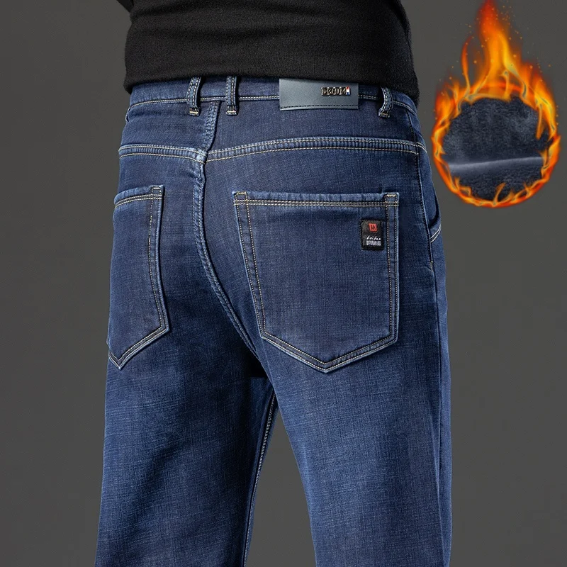Winter popular fleece jeans men's classic business loose straight wool warm denim trousers black blue large size 40