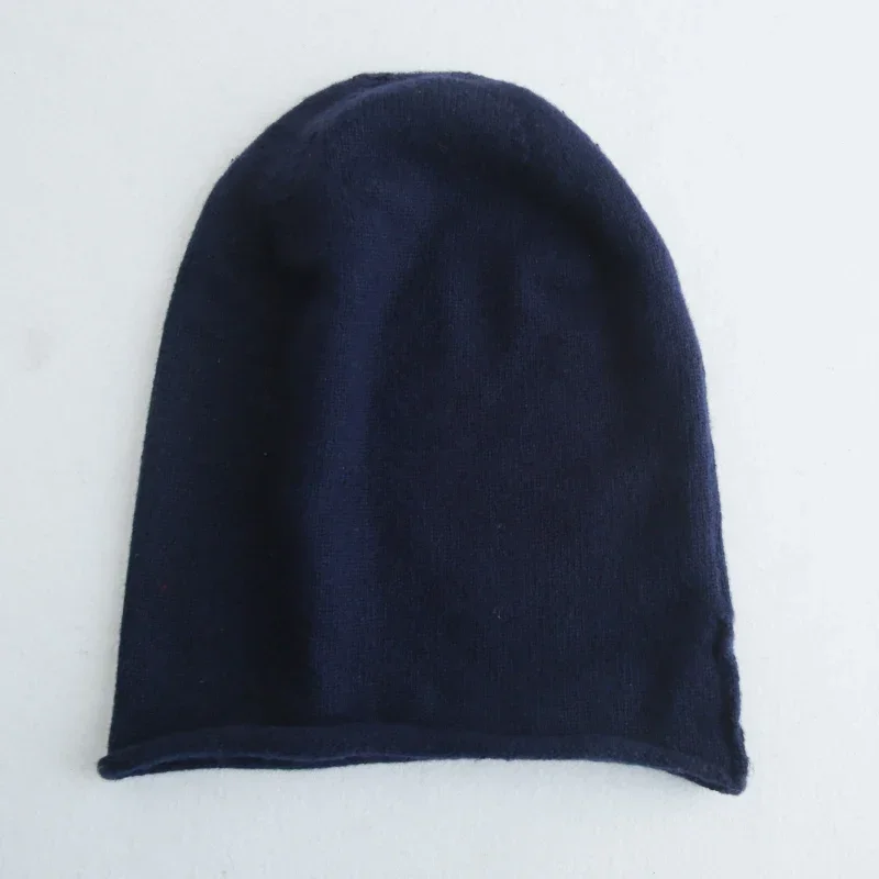 Gorro holgado de punto liso de Cachemira 35% para mujer, gorros lisos simples con dobladillo enrollado, gorro de lana suave para invierno y