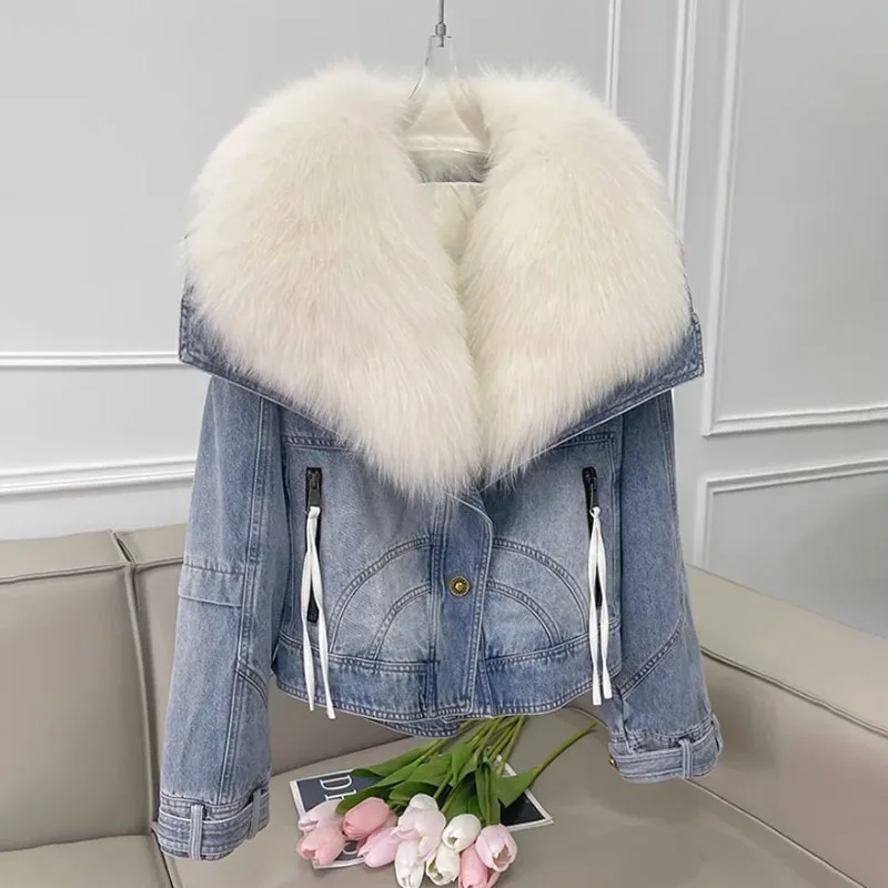 Imitation Fox Fur Denim Jacket Women\'s Overcoat Fashion Blue Fur Collar Cotton-Padded Jacket Liner Jeans Coat 2023 New Winter