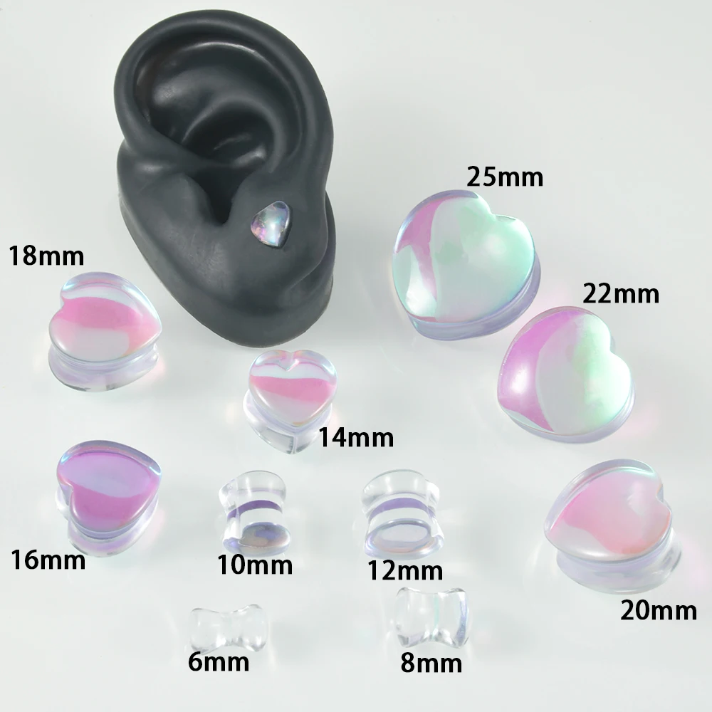 1Pair Top Quality Iridescent Heart Purple For Women Glass Double Flare Flashback  Ear Plugs Tunnel Gauge Ear Stretching Expander