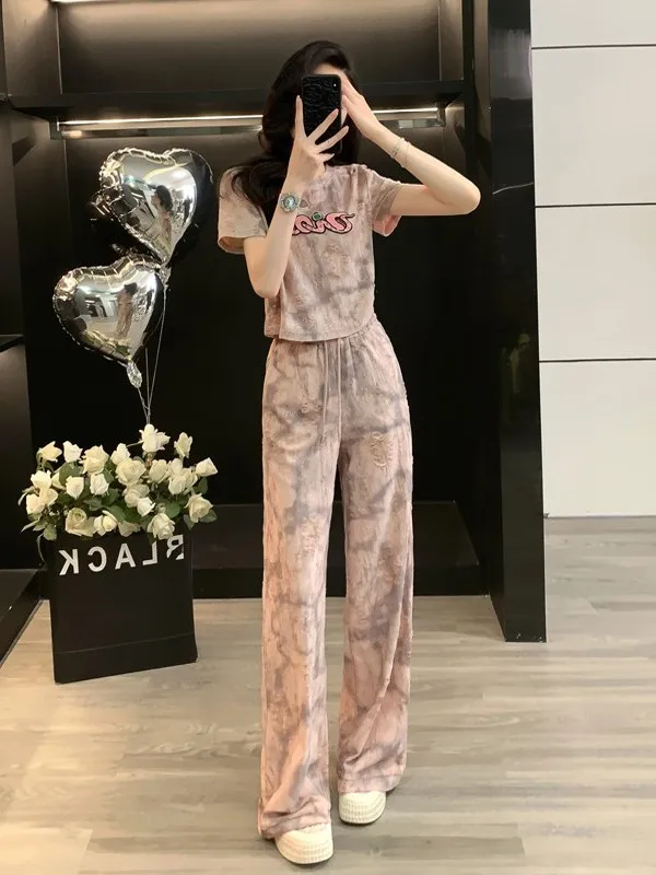 

Fashionable Casual Sportswear Set Women's Short Sleeve T-Shirt Wide Leg Pants Two-Piece Suit Young-looking Summer Outfit