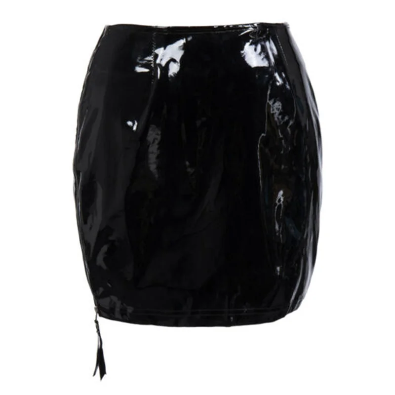 

Women Black Sexy Wet Look PU Leather Pencil Mini Skirt Sid Zipper Gothic Club Sexy Bag Hip Short Skirt