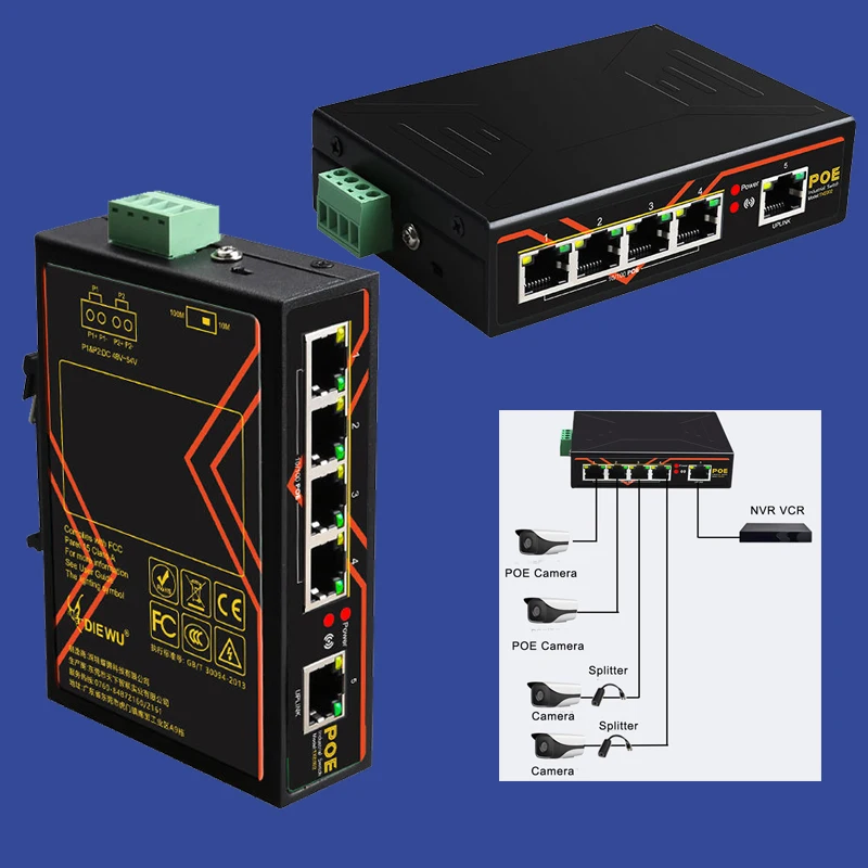 Network adapter Industrial switch 5 port ethernet industrial POE Switch RJ-45 LAN Adapter Internet Splitter Adapter 10/100Mbps