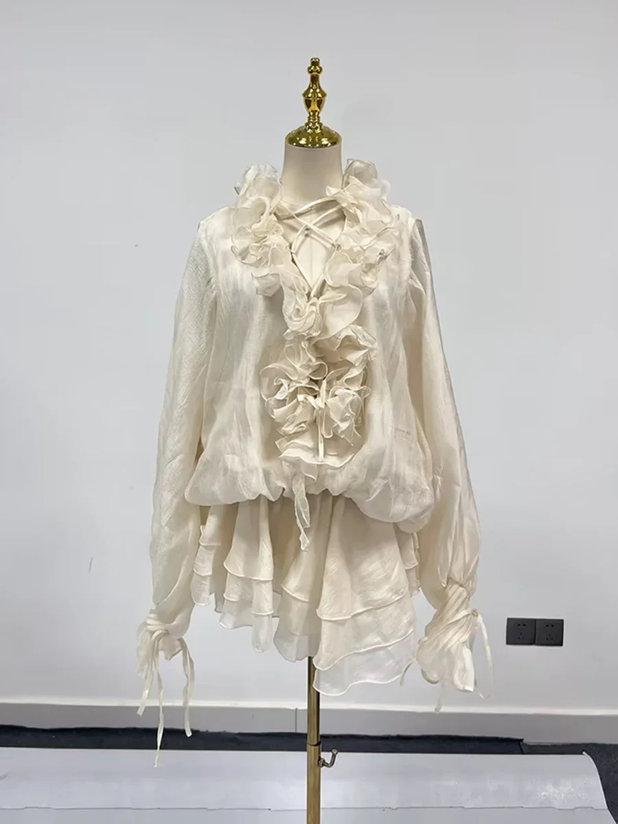 

French Sweet Niche Design Chiffon Shirt Short Skirt 2025 Autumn and Winter New Item Lace Up Mushroom Edge Dress Women's Skirt