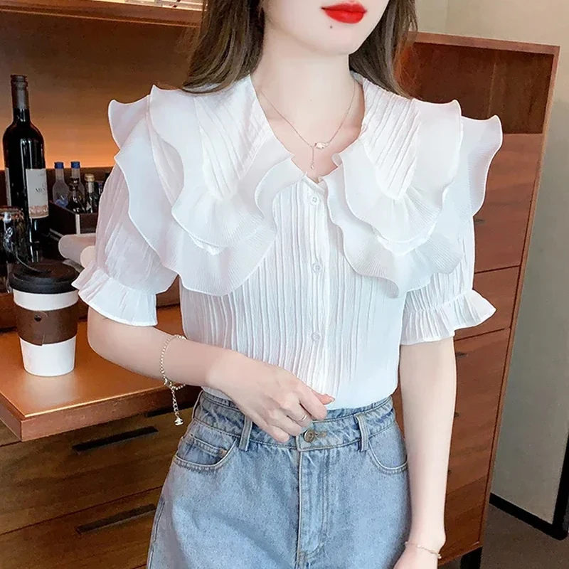 

Summer Short Sleeve White Blouse Women Blusas Mujer De Moda 2024 Verano Doll Collar Chiffon Blouse Shirt Women Tops Blusa G552