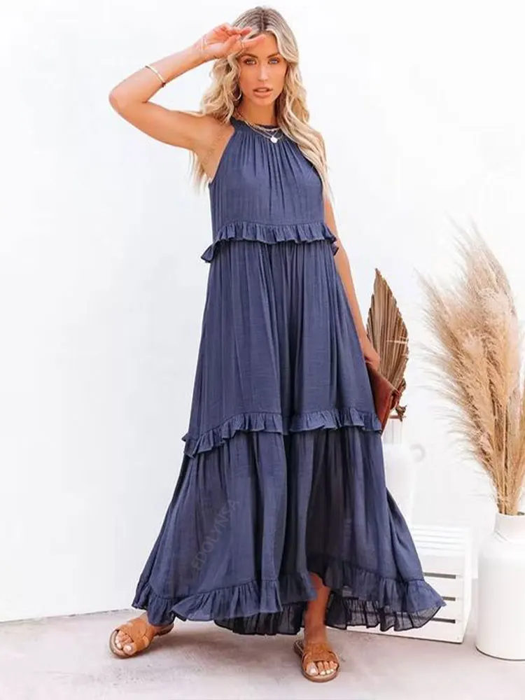 

Women Solid Long Skirts Summer Casual Loose Boho Lady Layered Ruffle Pullover Dress Elegant Sleeveless Hollow Tie-Up Party Dress