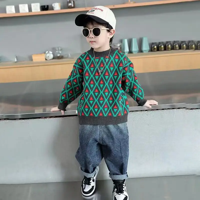 

Boys Sweater Thickened Autumn Winter New Fashionable Versatile Boys Striped Knitted Sweater Children's Top Baby Boy Sweater 2-8T