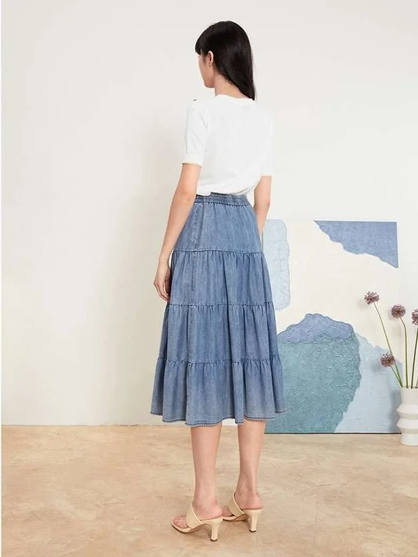 

Women's Summer New Blue Waed Denim Midi Skirt Pleated Cake Sle mid Waist Ele PVC Fabric Ciwalk Suitable