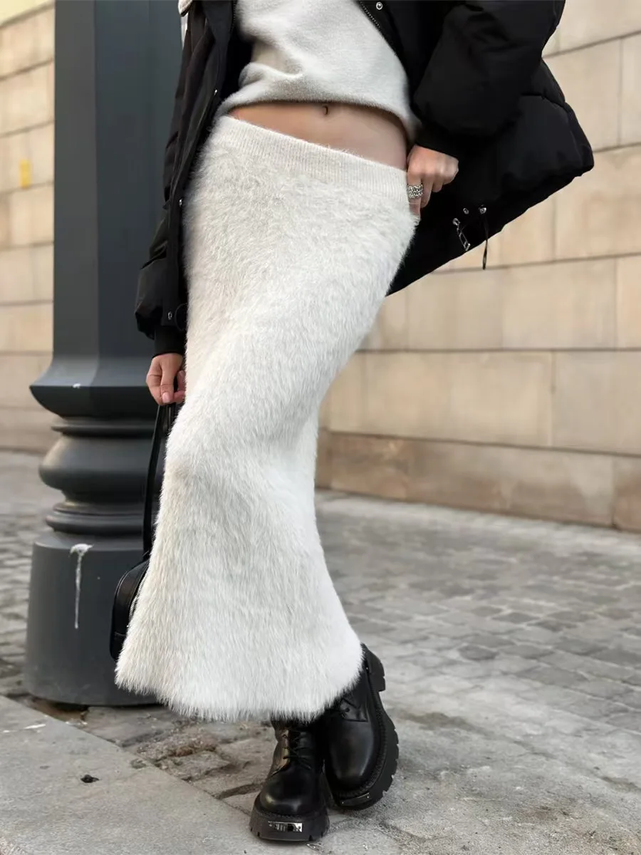 

High Waist Knitted Plush Skirt Fashionable Commute Style Long Skirt Fish Tail Skirt Pure Color Skirt Other Material Skirt