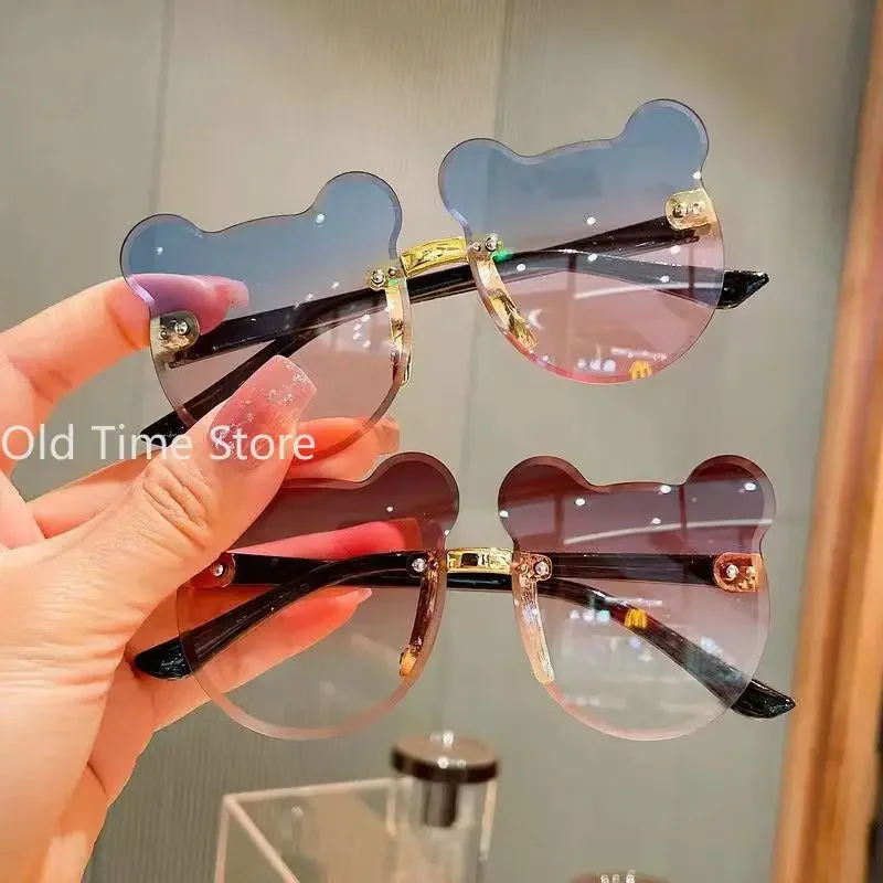Girls Boys Cartoon Bear Rimless Sunglasses UV400 Children Retro Round Glasses Eyeglass Outdoor Infant Ultraviolet-proof Eyewear