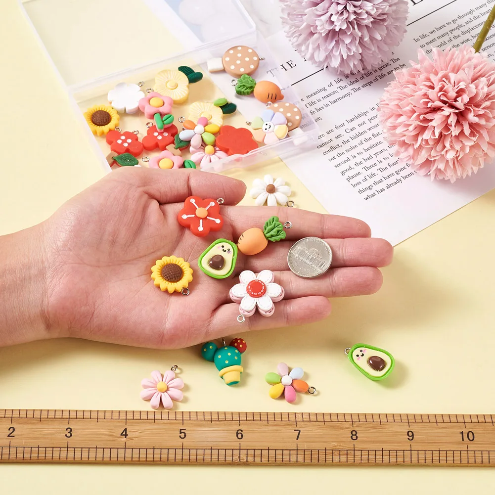 32Pcs 16 Styles Resin Pendants with Platinum Iron Finding Flower Cactus Sunflower Mushroom Carrot
