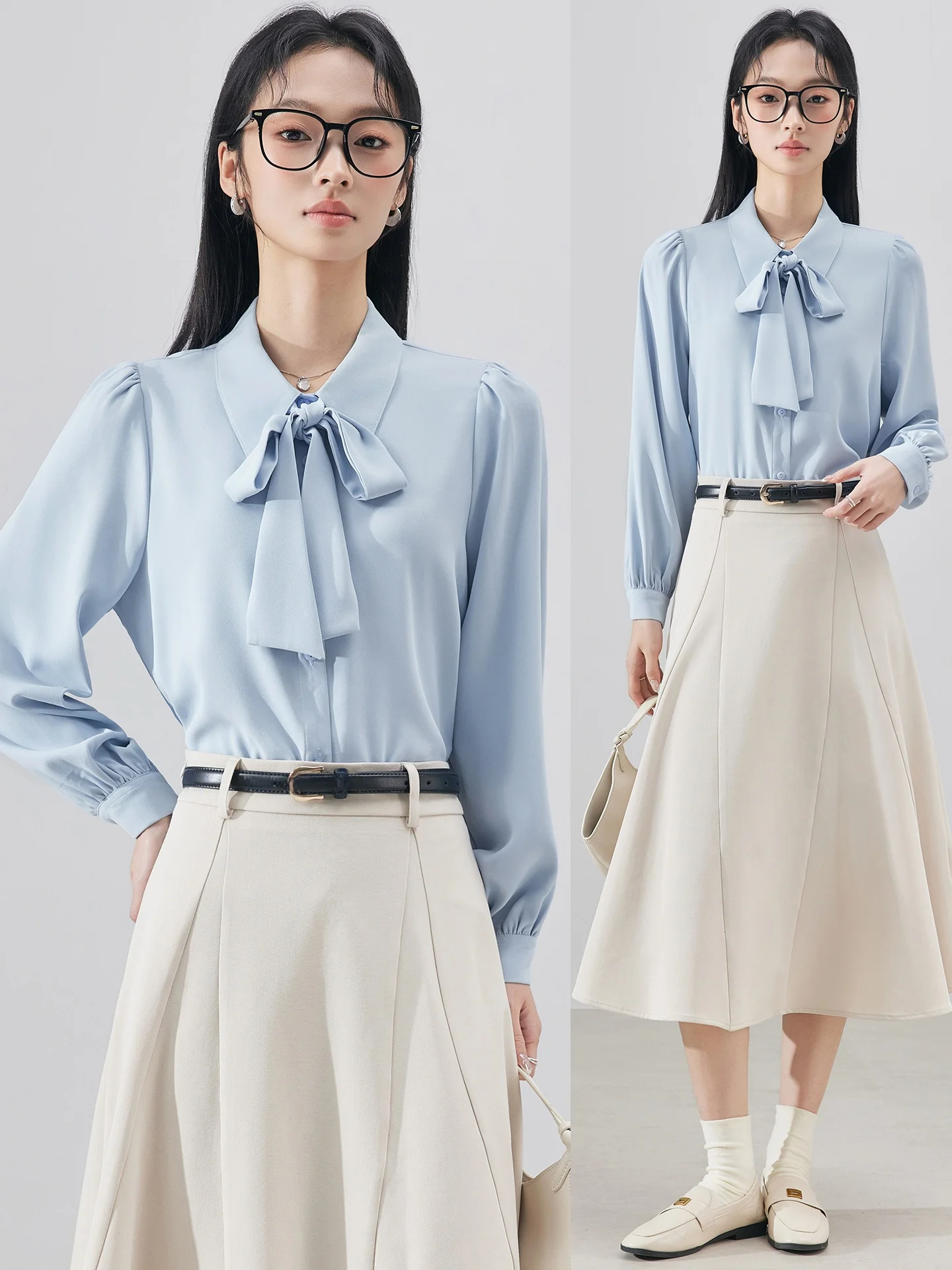 

Blue Women's Shirt 2026 New Spring Autumn Commute Formality Chiffon Top Interview Professional Clothing Set Korean Style Stra...