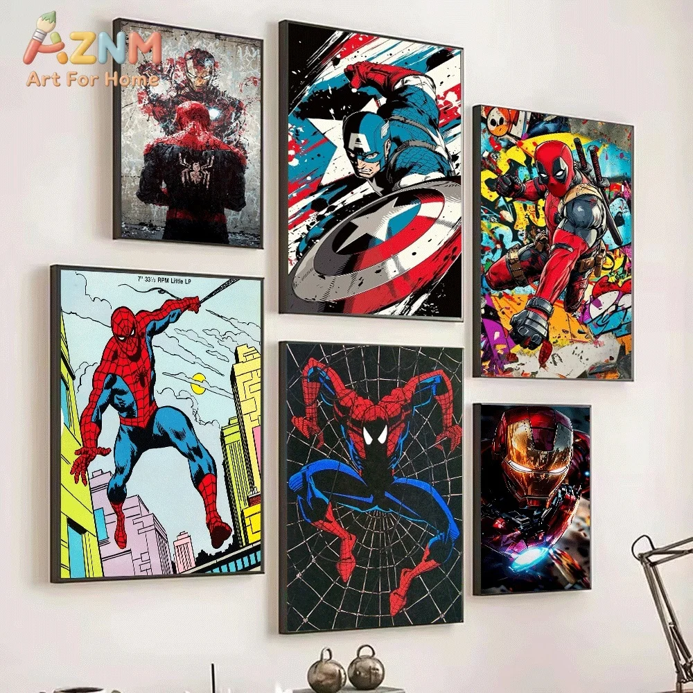 AZNM Spiderman Finger Gesture Pixel Background Comic Canvas Wall Print, Cool Superhero Character Comic Book Art Poster, Unfram