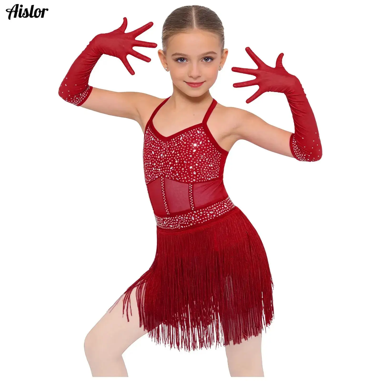 Sequins Latin Dance Tassels Leotards Dress for Kids Girls Ballroom Fringe Chacha Rumba Tango Salsa Bodysuit Costume with Gloves