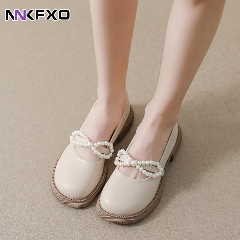 

Round Head Pearl Mary Jane Shoes 2023 Autumn College Style Thick Bottom Loafer Retro Shallow Mouth Single Shoes Women