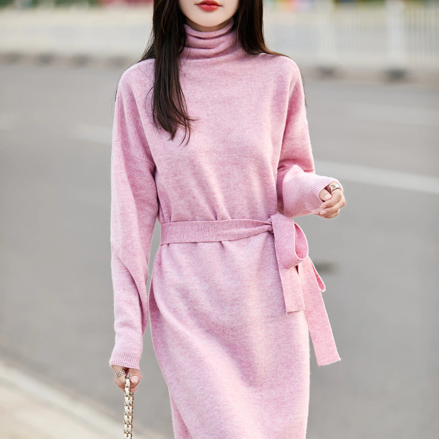 S-XXL Nowa Sukienka Swetrowa Damska z Wysokim Kołnierzem, Dzianina ze 100% Czystej Wełny, Długa, Dopasowana, Jednolita, Jesienno-Zimowa Sukienka Pulower Damska