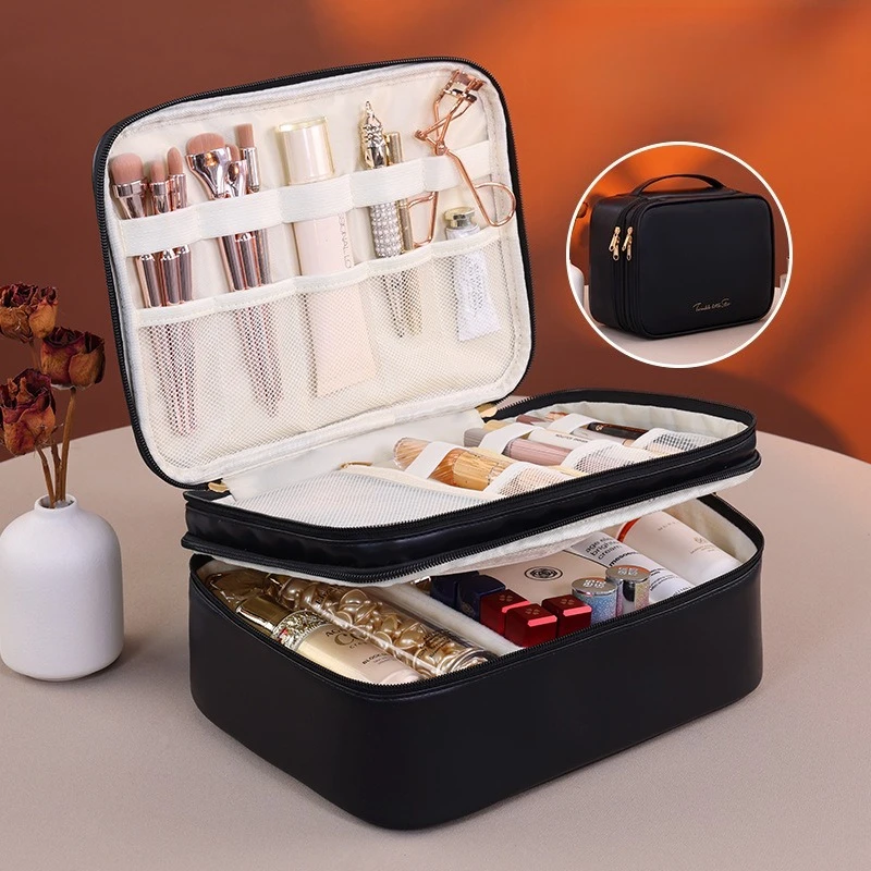 

Дорожная косметичка, двухслойная ручная большая вместительная косметичка из искусственной кожи, косметичка для женщин