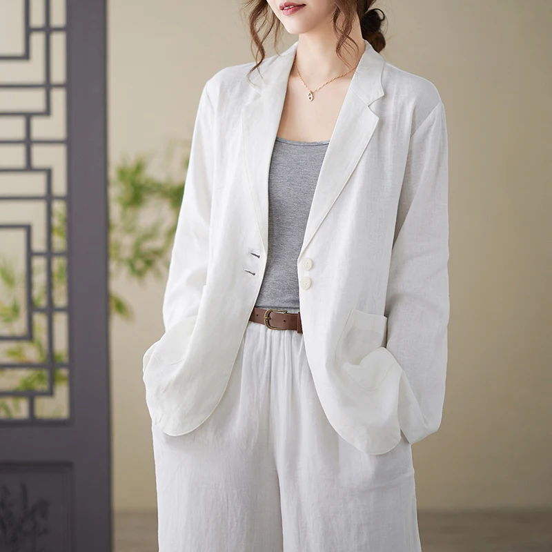 

High-End Anti-Aging Spring Autumn Cotton Linen Suit Long Sleeve Pure Color Women's Loose Fit Commute Style Single Button