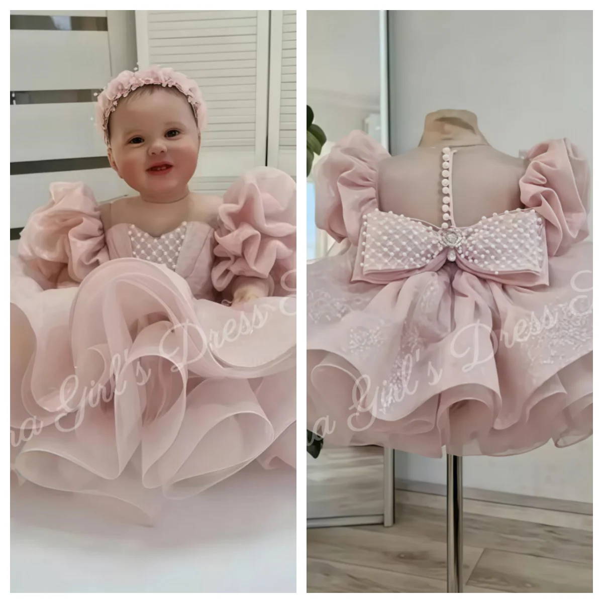 Adorable vestido de niña de flores con decoración de lazo de perlas, falda hinchada de manga corta, perfecto para fiestas de cumpleaños de bebés, primera comunión