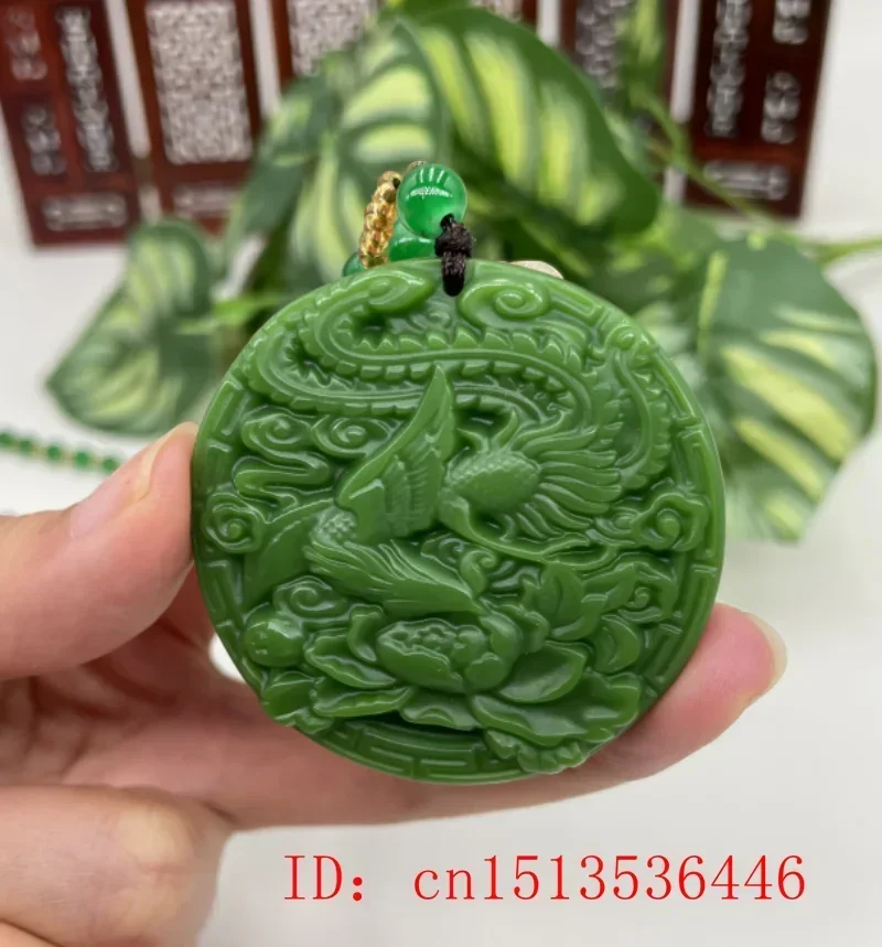 Natural Verde Hetian Jade Stone Dragon Phoenix Colar de Pingente, Esculpido Jadeite Chinês Jóias, Charme Amuleto Reiki, Presente para Mulheres e