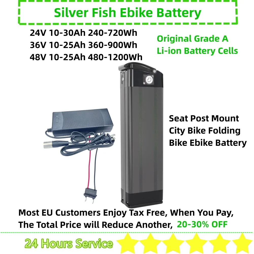 

Original City Bike Ebike Battery Silver Fish 24/36/48v 10ah 12ah 15ah 20ah 250w 350w 500w 750w Bike Battery with Charger