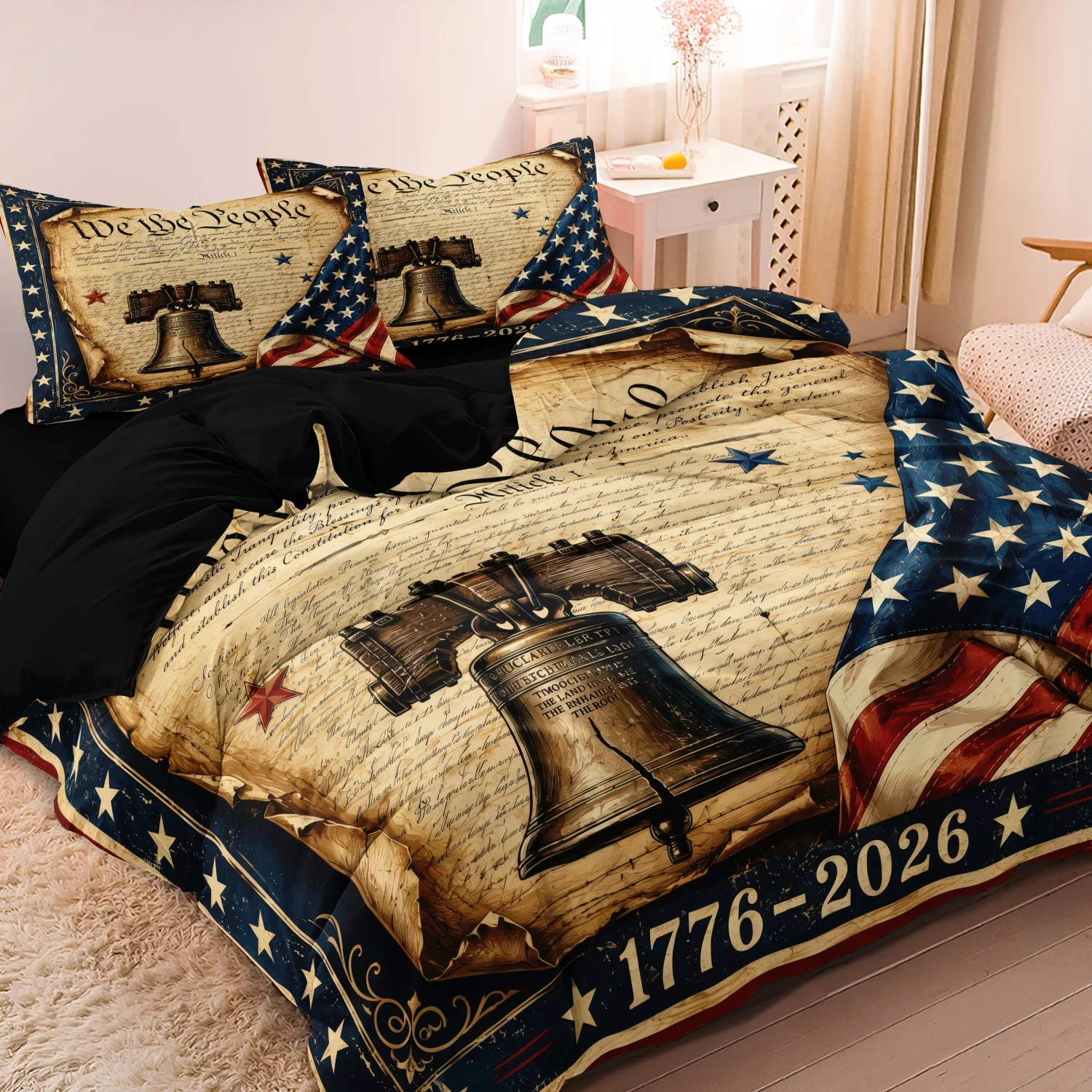 3Pcs Vintage American Flag Liberty Bell 1776 We The People Print Duvet Cover Set, Retro USA Patriotic Star Stripe Print Bedding