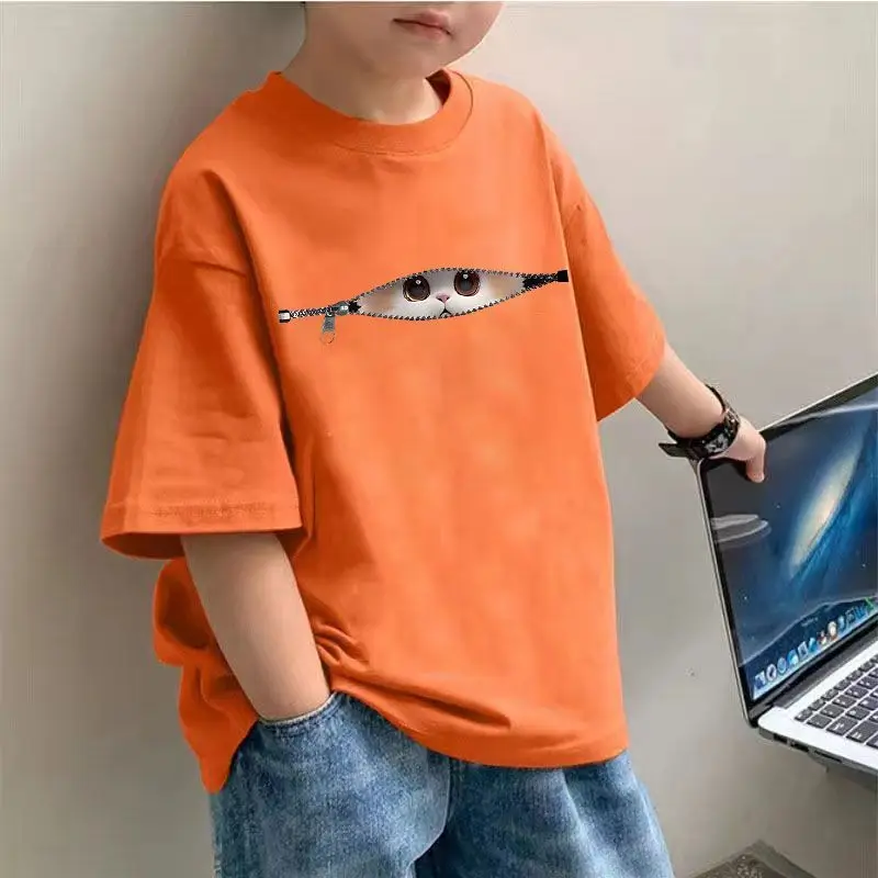 Kids' Cartoon Print Zipper Cat Summer T-Shirt Korean Style Trendy Versatile Unisex Top