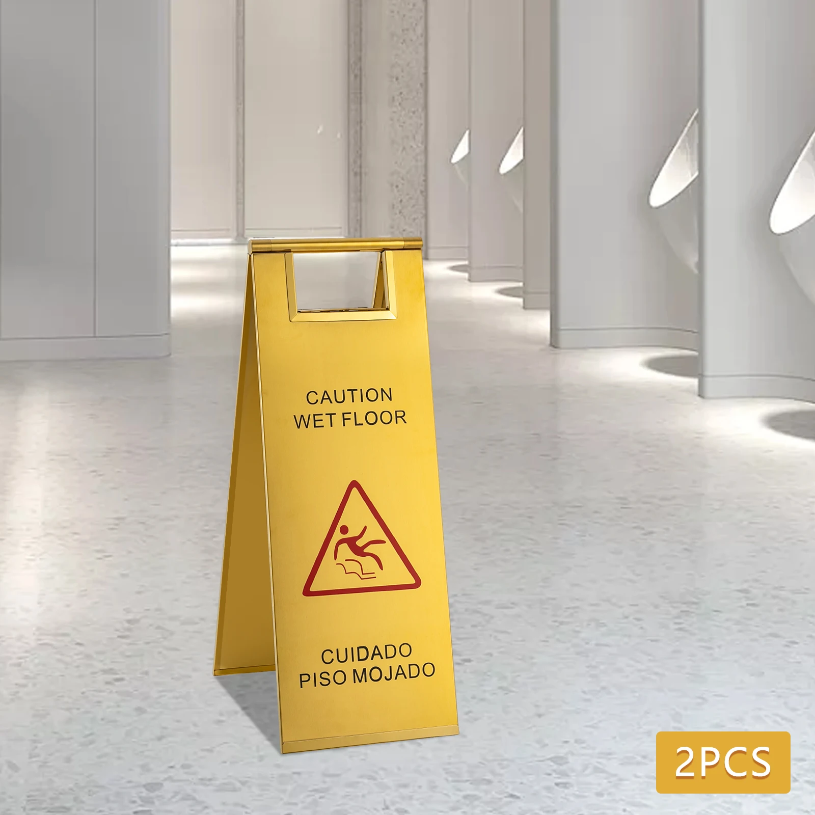2 Pack Stainless Steel Wet Floor Sign Caution Wet Floor Sign DoubleSided Text and Graphics Warning Sign