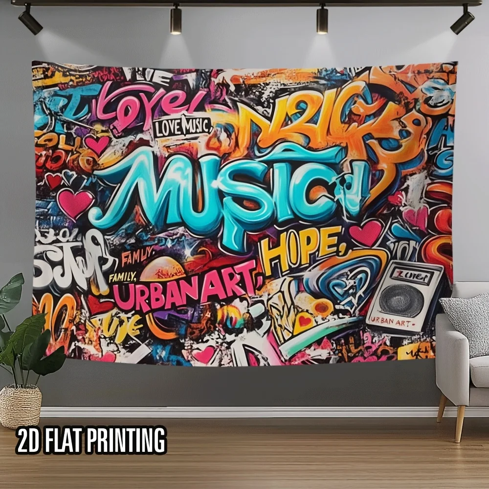 Graffiti Music Tapestry, Urban Street Art Wall Hanging, Hip Hop Boombox Decor, Colorful Spray Paint Background Cloth