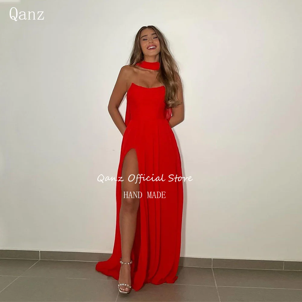 

Qanz Red Chiffon Evening Dresses High Leg Slit Mermaid Robe De Soirée Luxe élégante 2024 Lace Up Back Sexy Vestidos De Noche