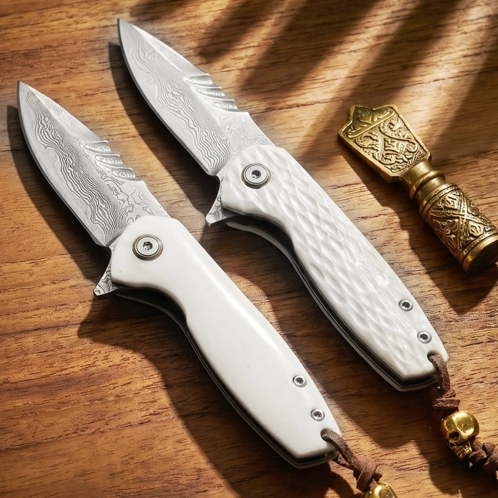 

Damascus Blade Folding Pocket Knife Cow Bone Handle Portable EDC Utility Knife for Fishing Hunting Collection