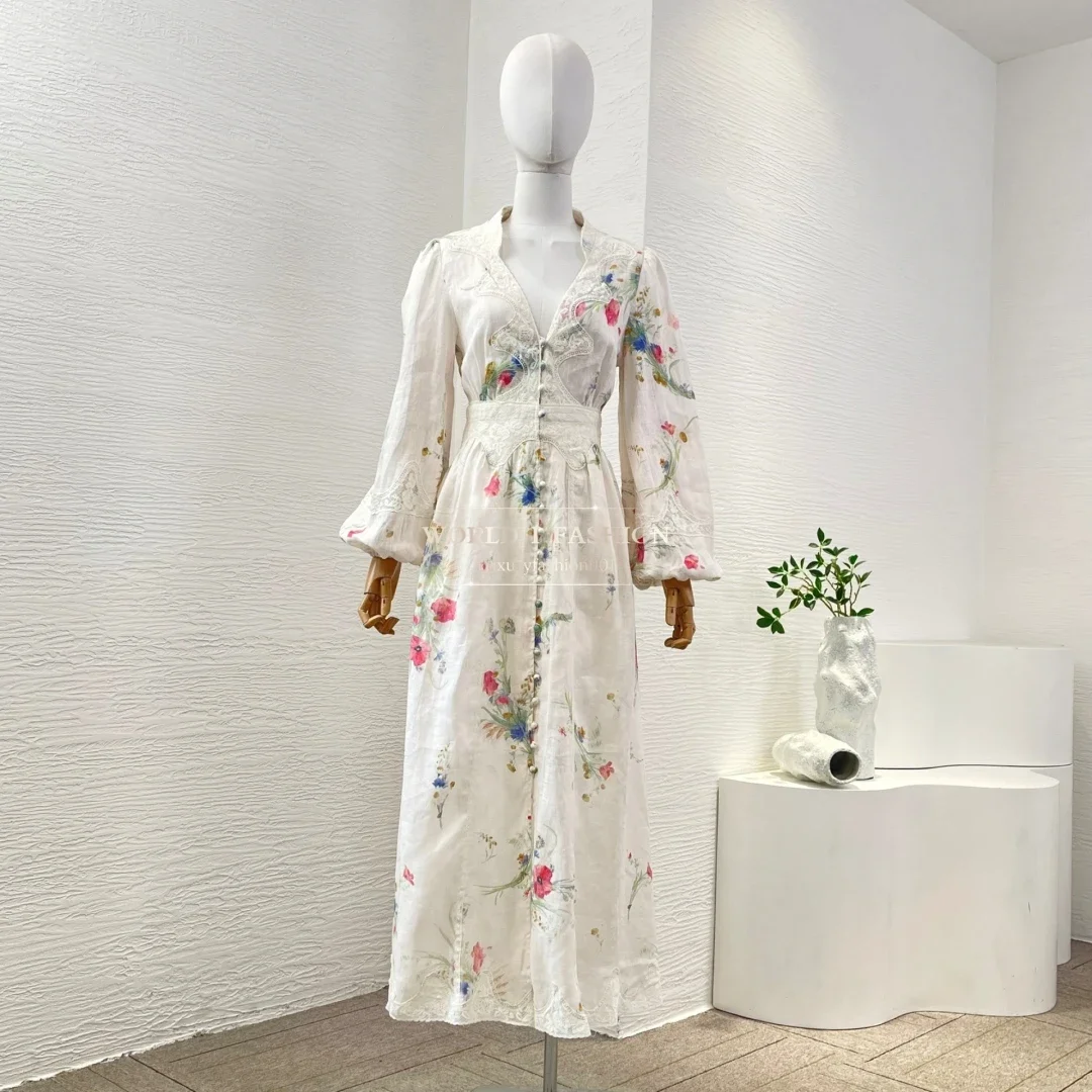 

Holiday Beach Style Series White Elegant Floral Print Full Lantern Sleeve Linen Women High Quality Midi Dresses