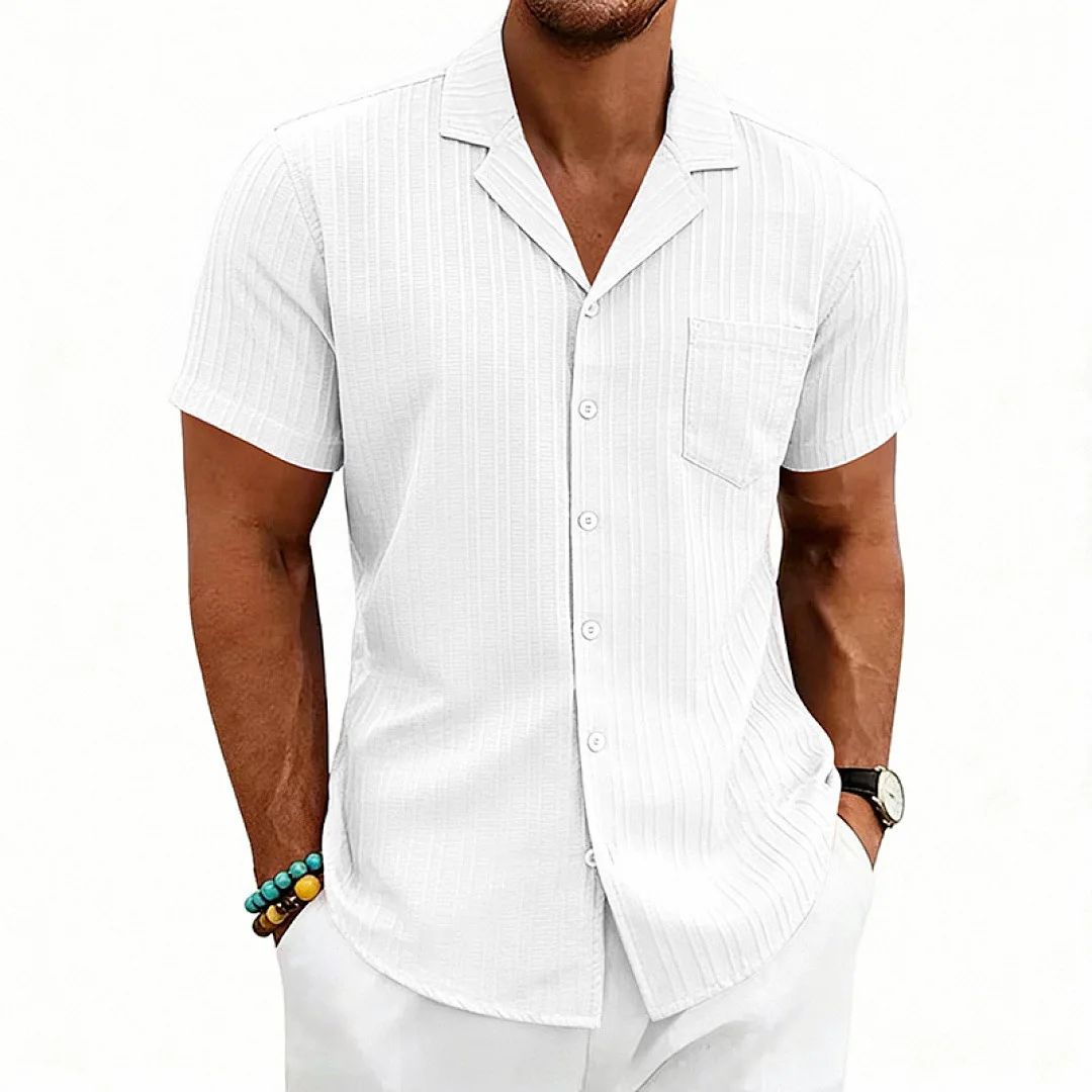 Men's Casual Simple Short Sleeve Shirt Lightweight Comfortable Polyester Fabric Loose Fit Basic  Color Cuban Collar Shirt
