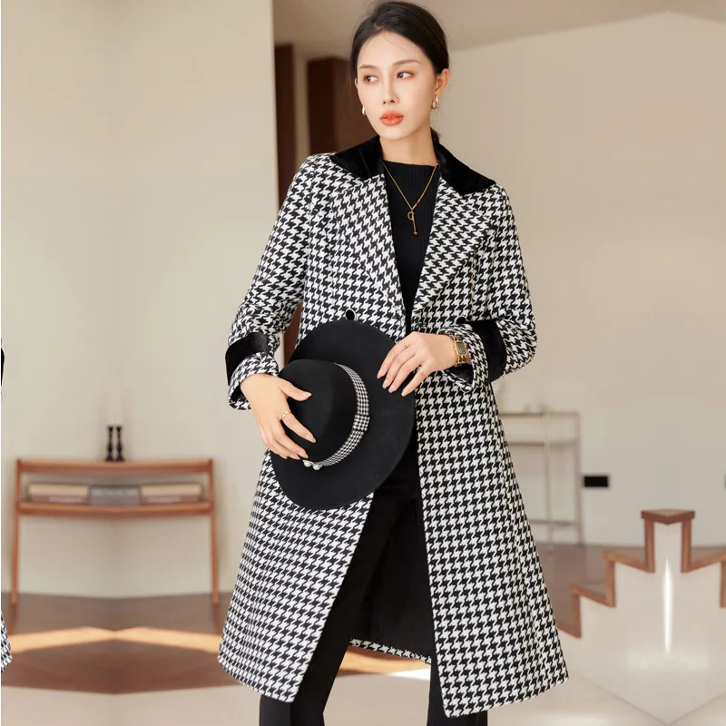 High quality wool blend long trench coat for women double breasted new winter 2024 elegant clothes - black beige plaid