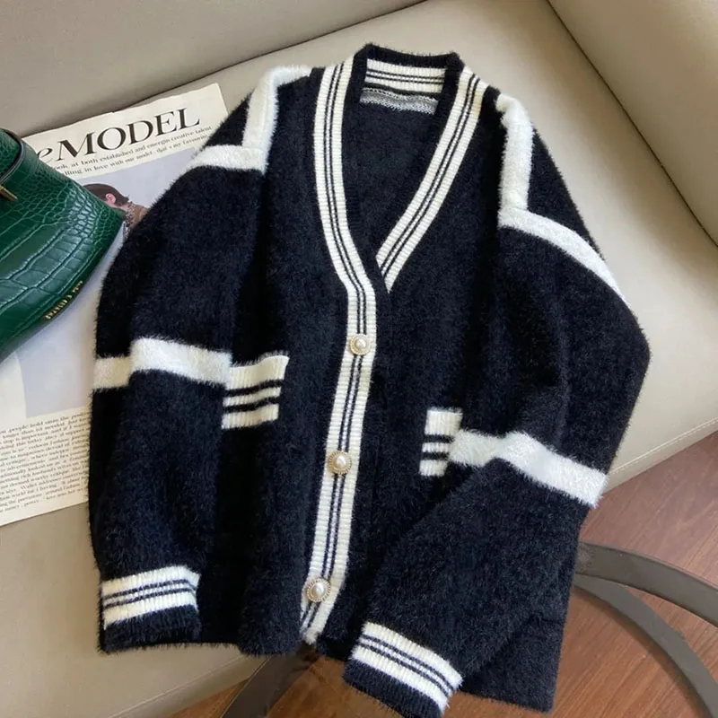 Korean Fashion Single-Breasted Sweater Women Contrast Color Striped V-Neck Knit Cardigan Female All-Match Loose Sweaters Coats