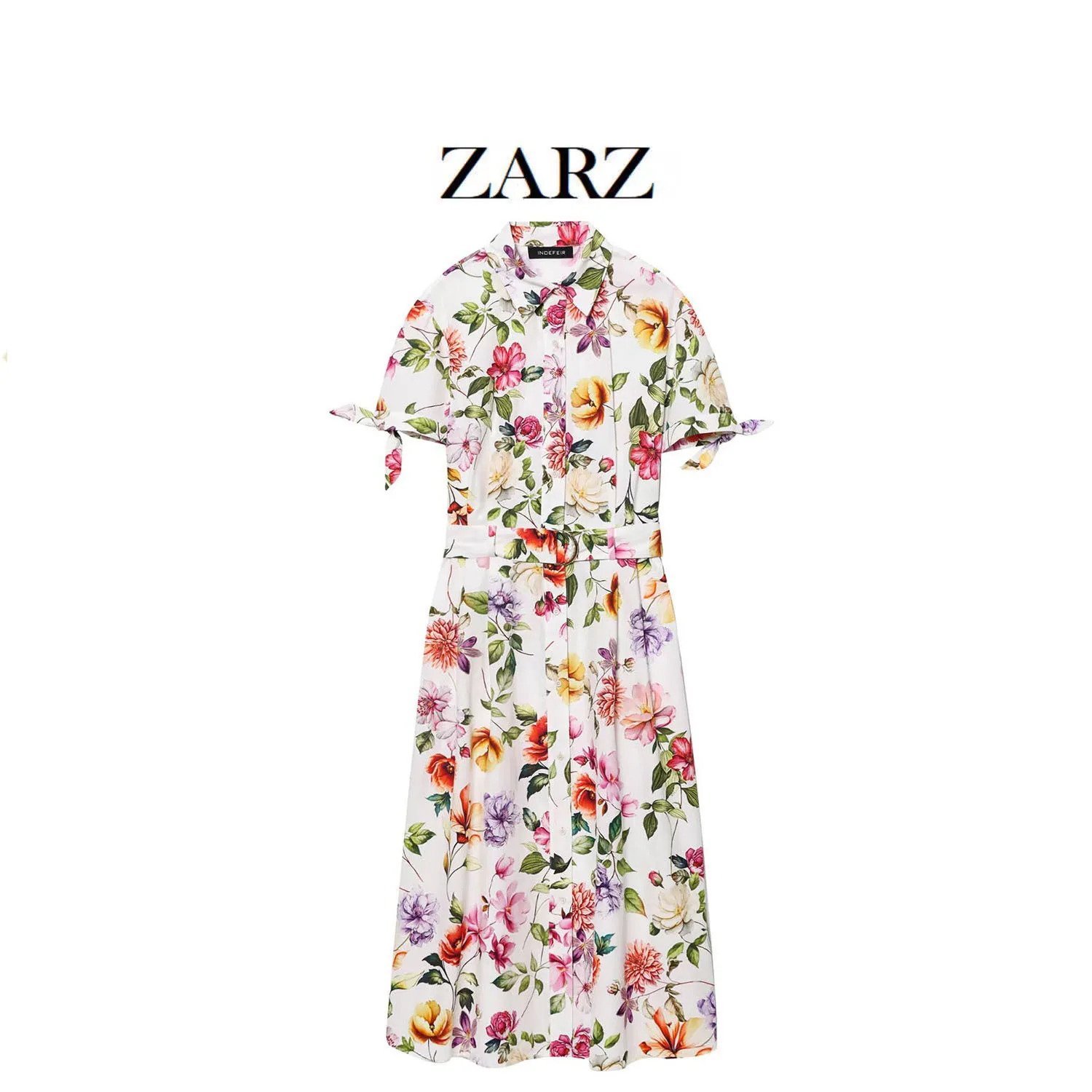 

Best seller fashionable printed bowknot sleeves shirt turn-down collar dress collar dress
