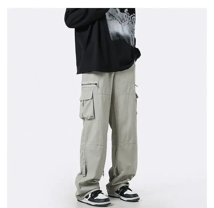 Multi-Pocket Overalls ผู้ชายฤดูใบไม้ร่วงแนวโน้มขาตรงกางเกงหลวมๆ Niche Zipper Mopping กางเกง Joggers ผู้ชาย