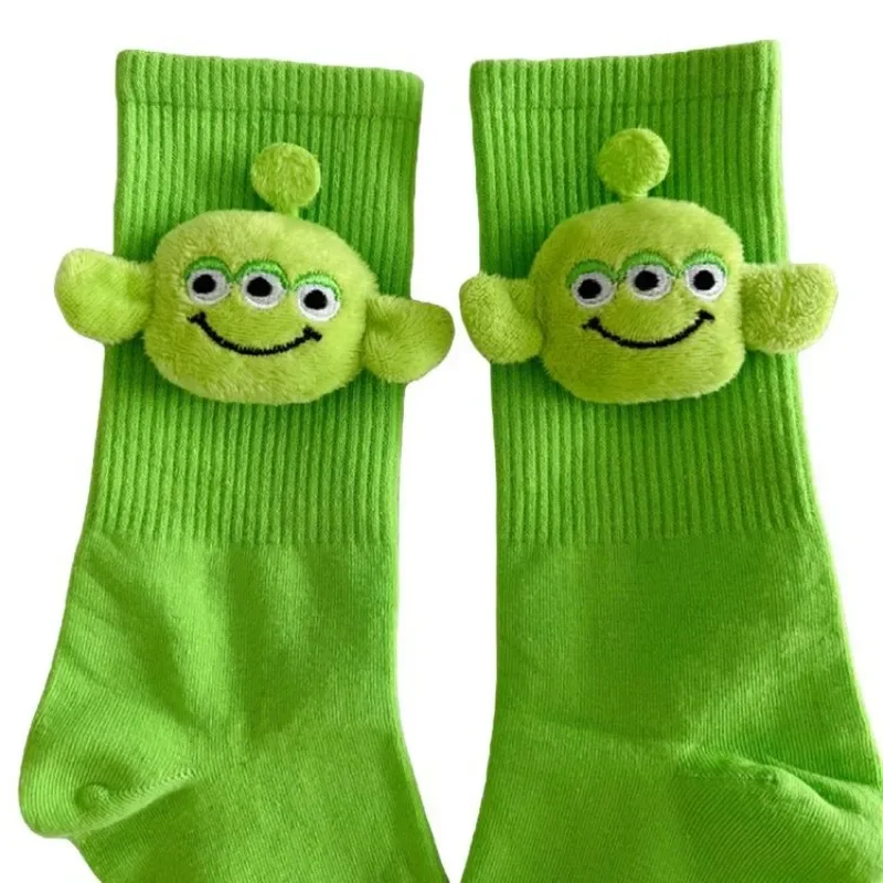 Cartoon Disney Alien cute new girl's versatile, comfortable, soft and breathable creative mid-length loli green cotton socks