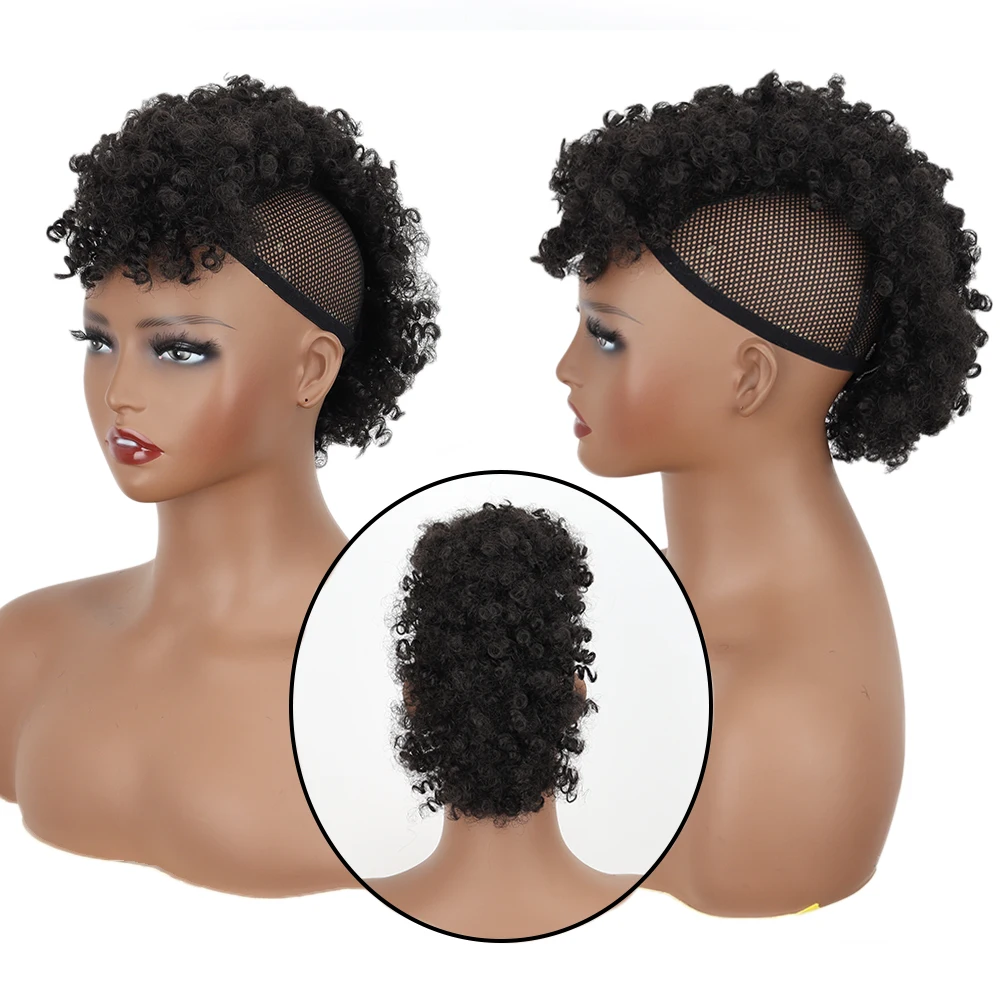 Perwersyjne kręcone włosy grzywka syntetyczny kok z włosów Chignon z grzywką sznurek kucyk Afro Puff fałszywe grzywki treski dla kobiet