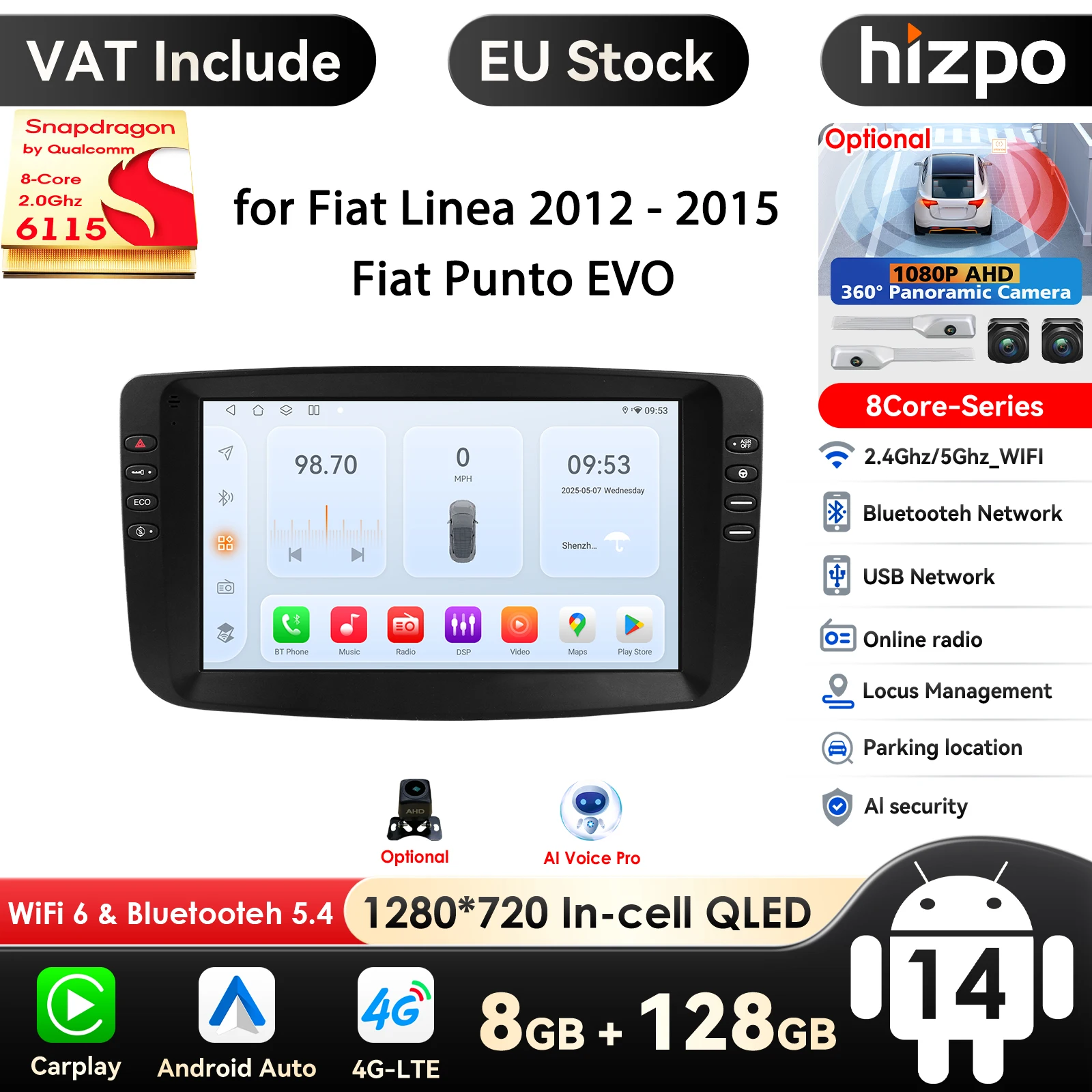 Hizpo Snapdragon 8Core 360 Panoramica Cam CarPlay Android Auto Autoradio per Fiat Linea Punto Evo 2012-2015 Lettore multimediale GPS