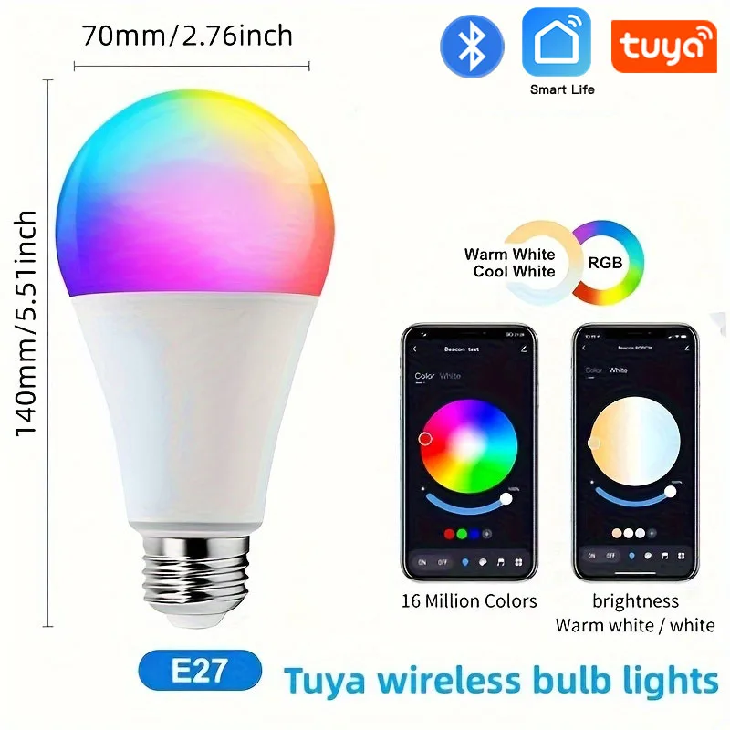 AC85-265V LED E27 Bulb Wireless App Bluetooth 5.0 Smart Bulb Tuya APP Control Dimmable 10W RGB+CW+WW Compatible IOS/Android