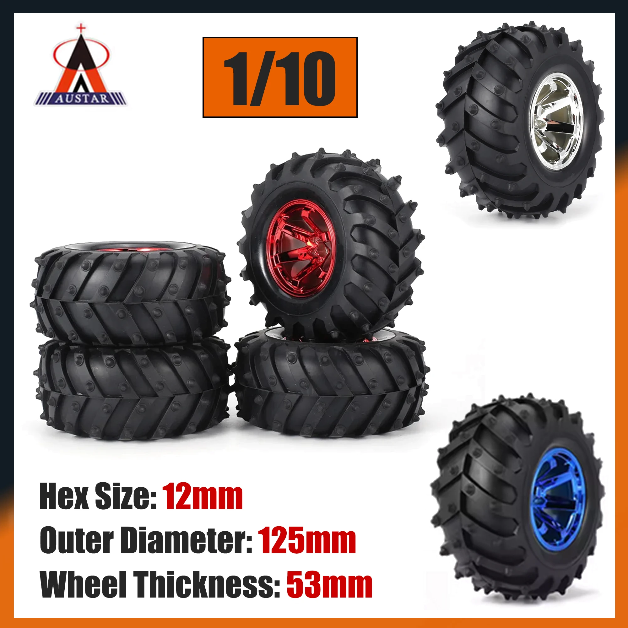 4PCS 125mm 12mm Hex 1/10 Rubber Monster Truck Tires Wheel Hub for RC Off Road Car HPI Savage XS TM Flux LRP AXIAL SCX10 III