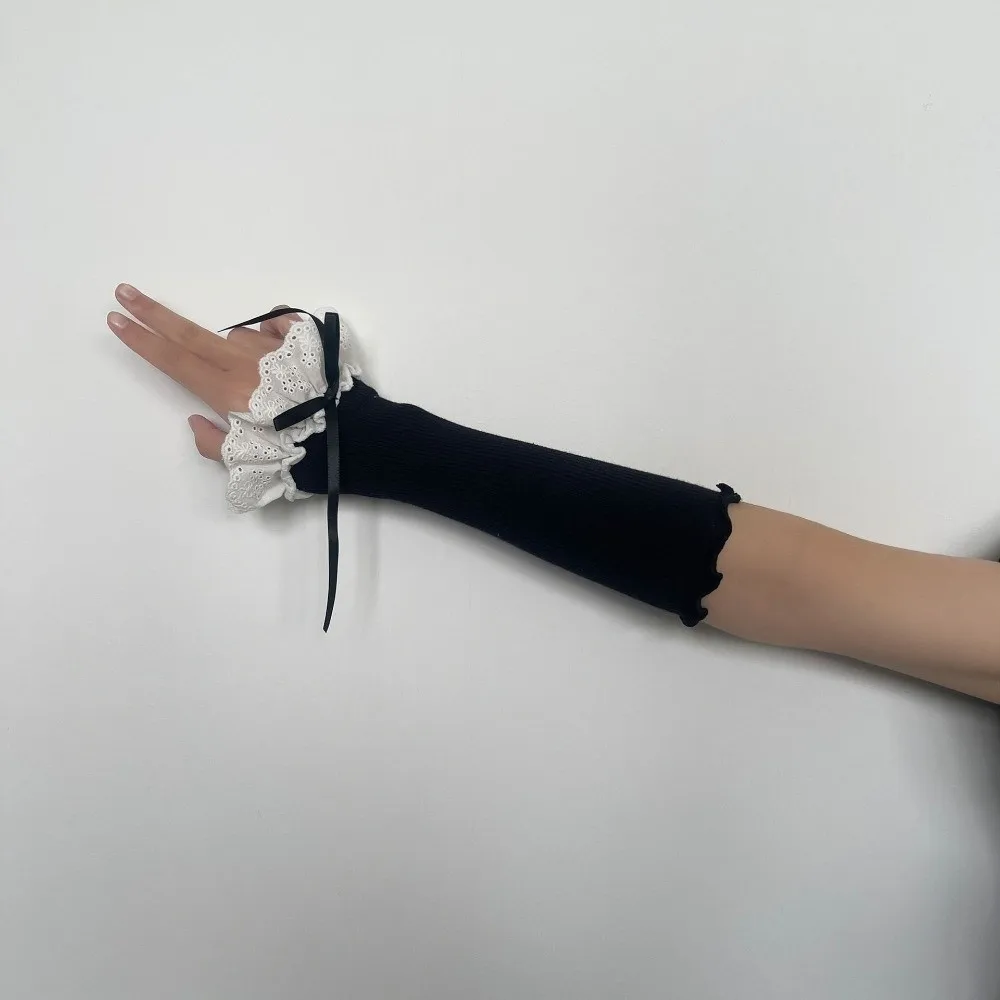 1 Pair 30cm Fingerless Arm Sleeves Elastic Ruffle Cuff Fingerless Design Lace Elbow Sleeves Long Length Sun Protection