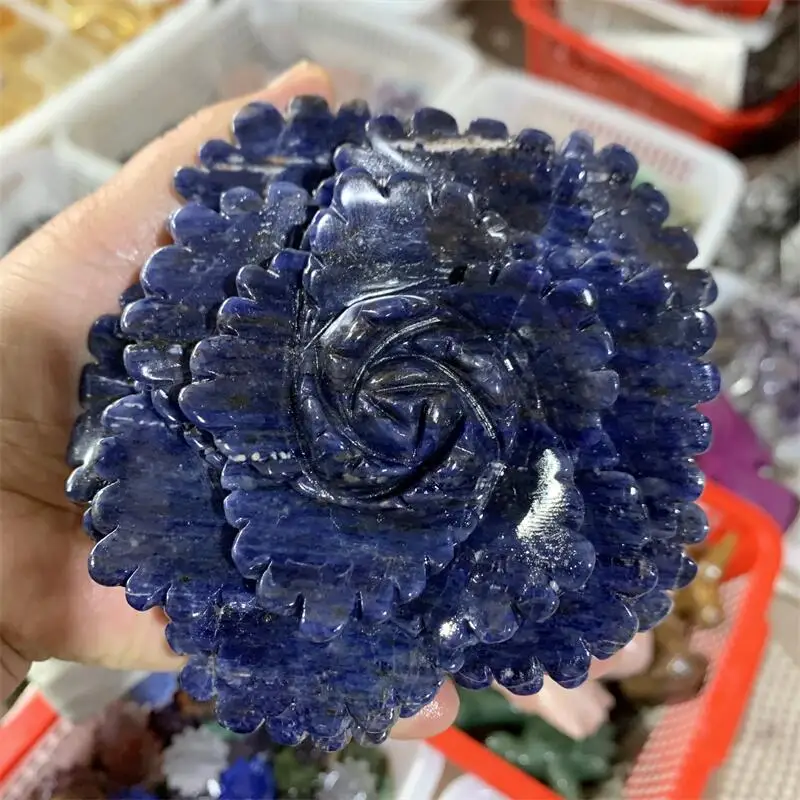 

Natural Blue Sodalite Flower Carving Healing Stones Reiki Gifts Quartz Home Decoration Holiday Gift 1PCS
