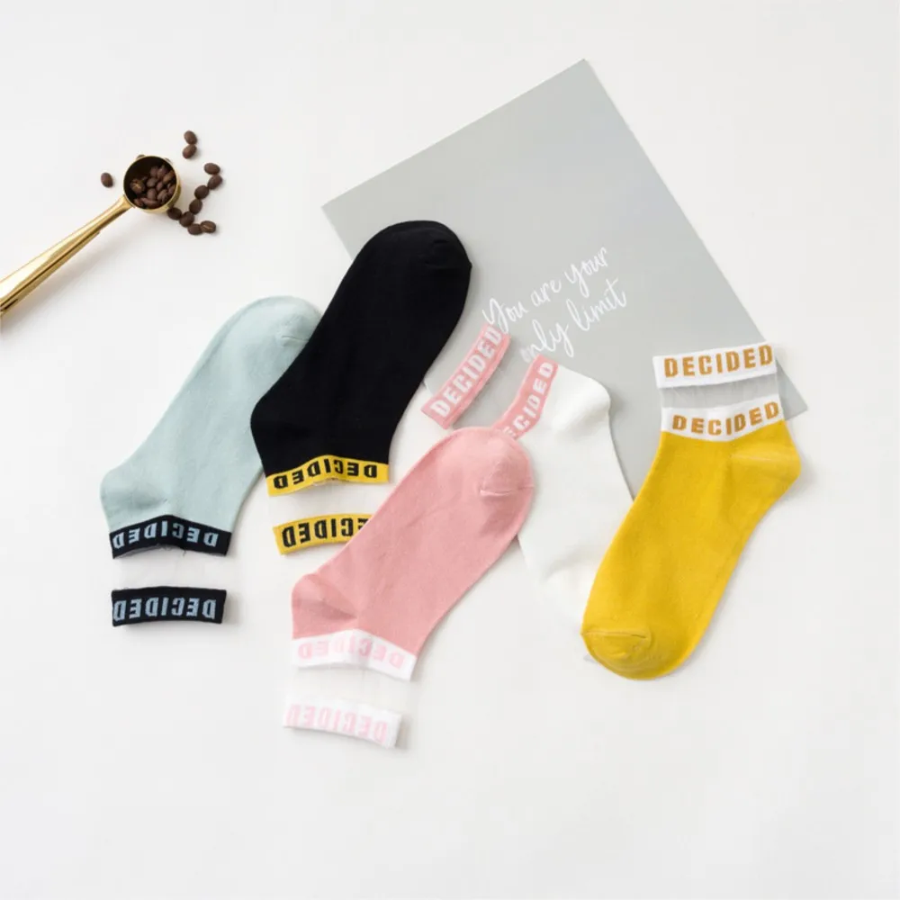 1 Pair Women Socks Cotton Summer New Colorful Letter Ankle Socks Splice Thin Socks Solid Cute Socks